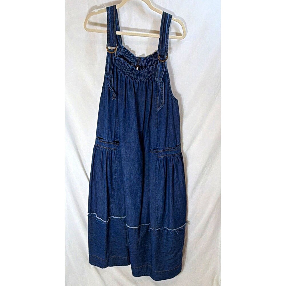 Free People Blue Denim Smocked Square Neck Strappy Sleeveless Midi Sundress L